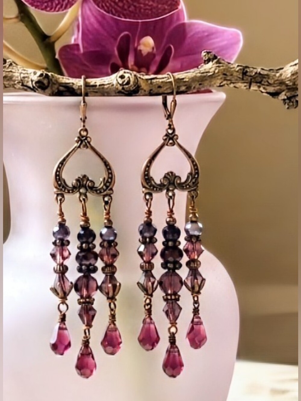 FIESTA Amethyst Purple Crystal & Glass Victorian Chandelier Bronze Earrings